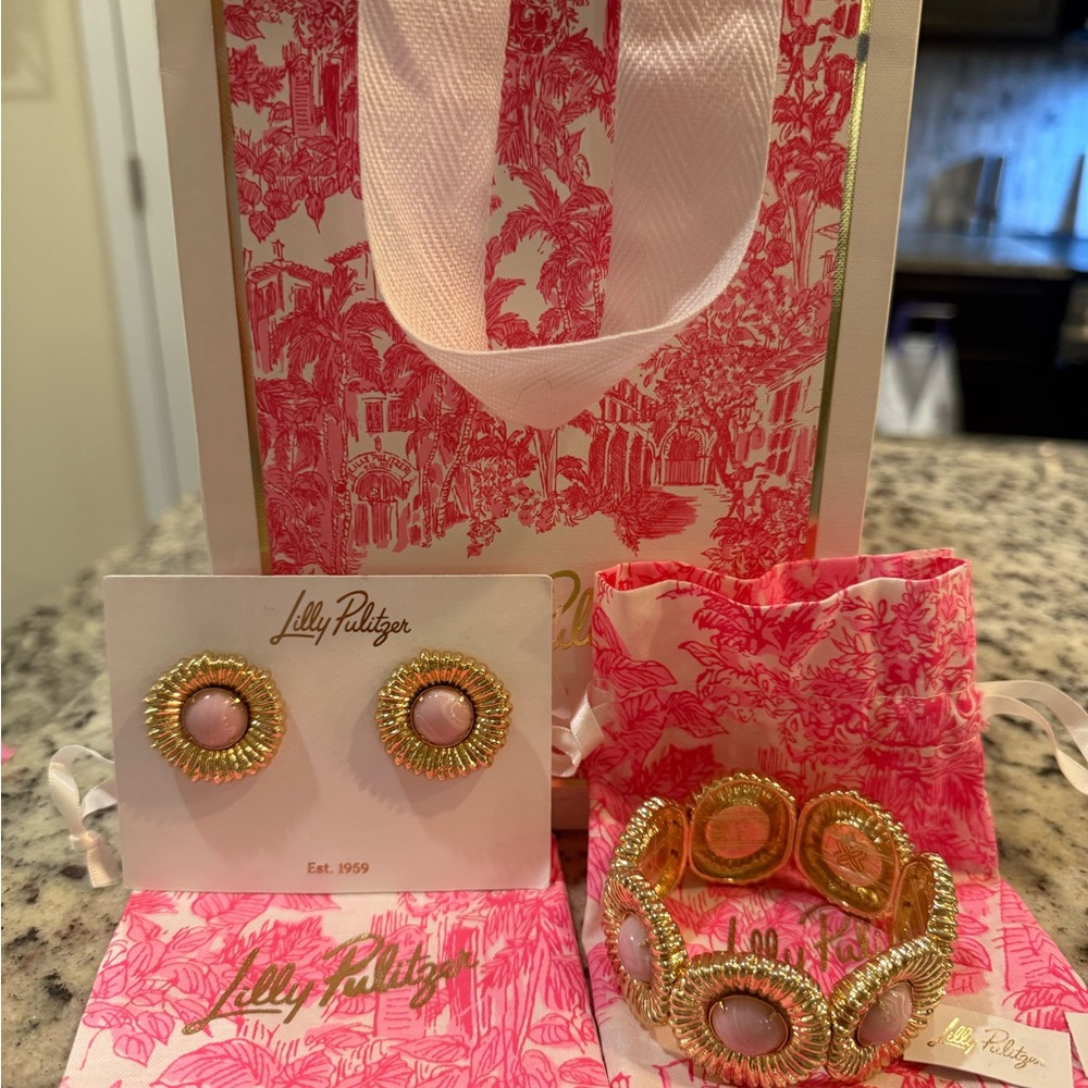 Lilly Pulitzer Gold and Pink Earrings and Bracelet Set
